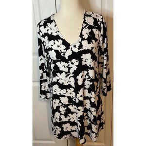 Alfani Black White Floral Tunic Top Mini Dress Long Sleeve Size Small
